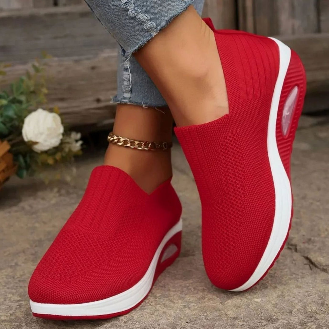 Women's Orthopedic Breathable Mesh Slip-On Wedge Trainers - Red