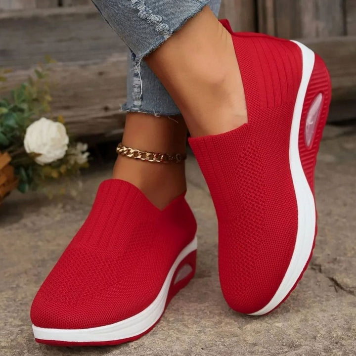 Women's Orthopedic Breathable Mesh Slip-On Wedge Trainers - Red