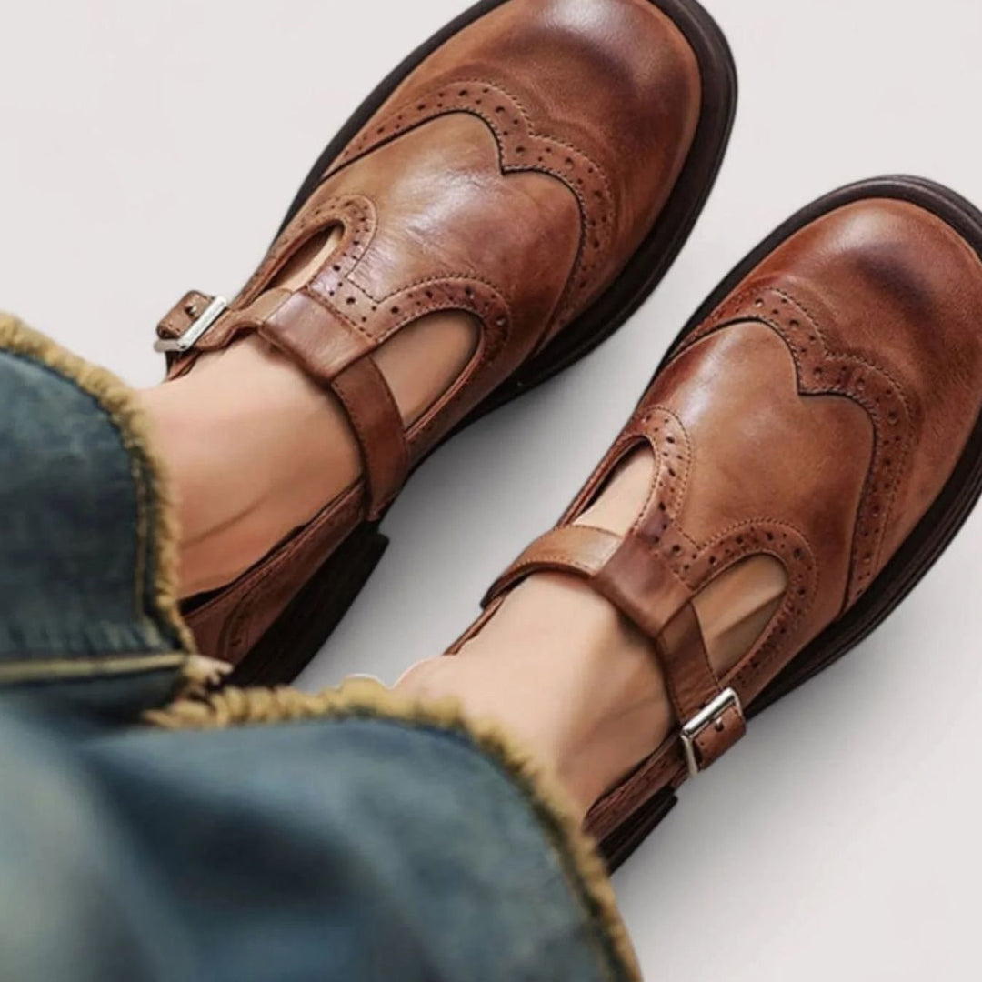 Women's Orthopedic Brogue T-Bar Mary Jane Flat Shoes - Brown