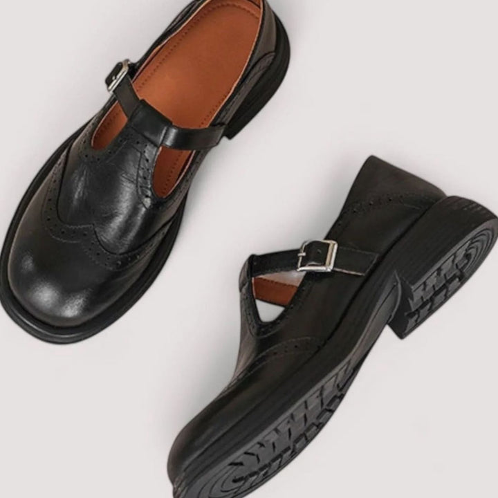 Women's Orthopedic Brogue T-Bar Mary Jane Flat Shoes - Black
