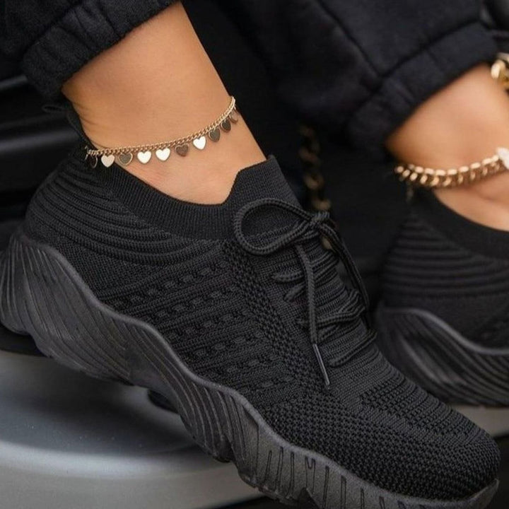 Women's Orthopedic Knit Lace-Up Lightweight Trainers - Black
