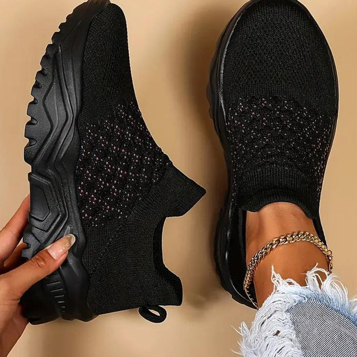 Women's Orthopedic Knit Slip-On Chunky Sole Trainers - Black