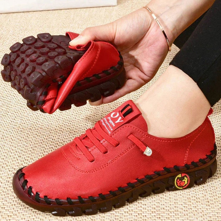 Women's Orthopedic Lace-Up Flat Leather Loafers - Red
