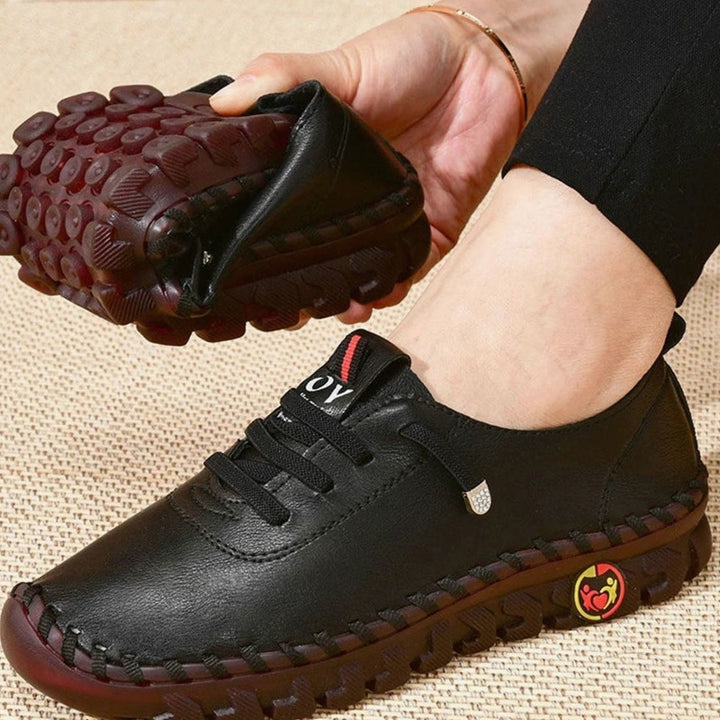 Women's Orthopedic Lace-Up Flat Leather Loafers - Black