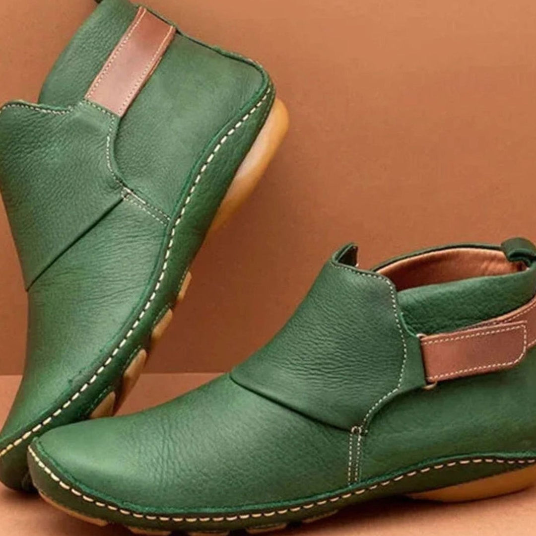 Women's Orthopedic Leather Ankle Boots Comfort Flat - Green