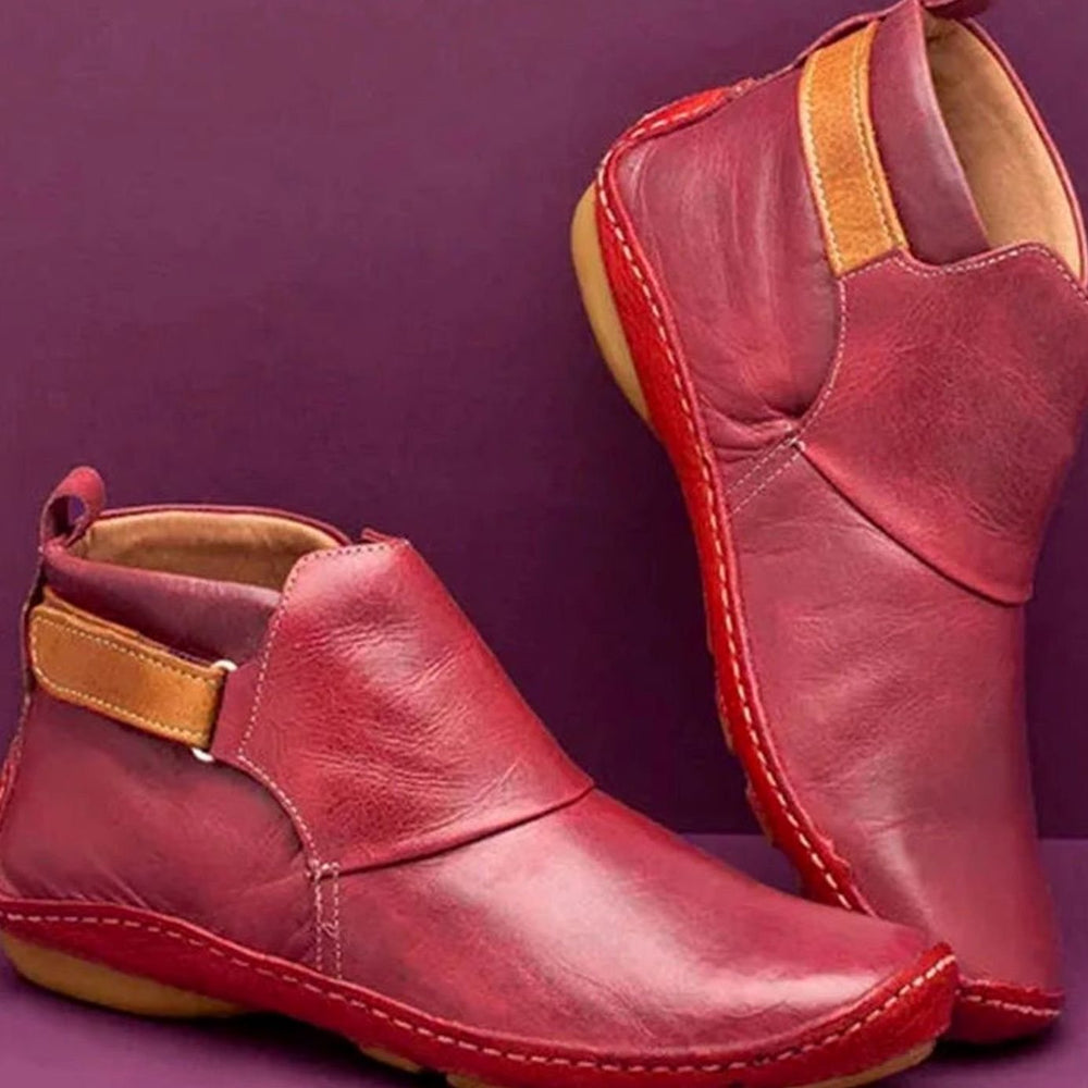 Women's Orthopedic Leather Ankle Boots Comfort Flat - Red