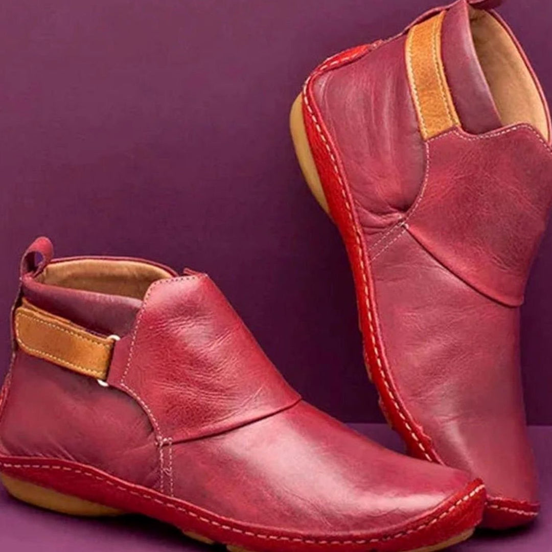 Women's Orthopedic Leather Ankle Boots Comfort Flat - Red