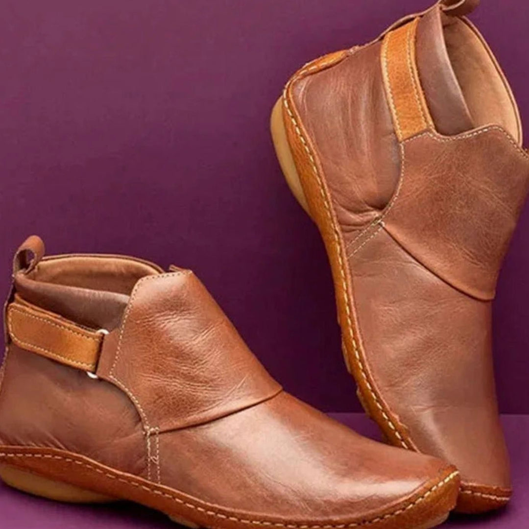 Women's Orthopedic Leather Ankle Boots Comfort Flat - Brown