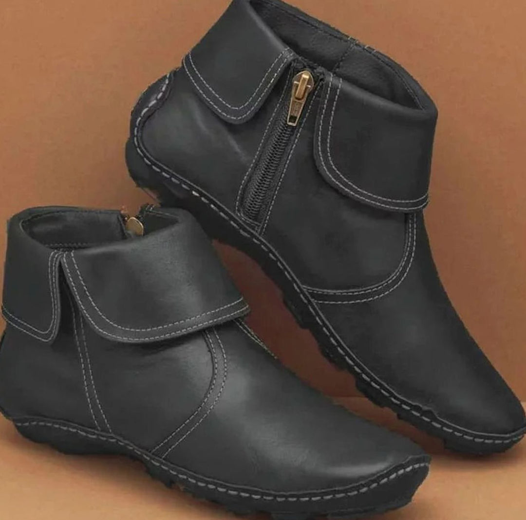 Women's Orthopedic Leather Ankle Boots Comfort Flat - Black (with Zipper)