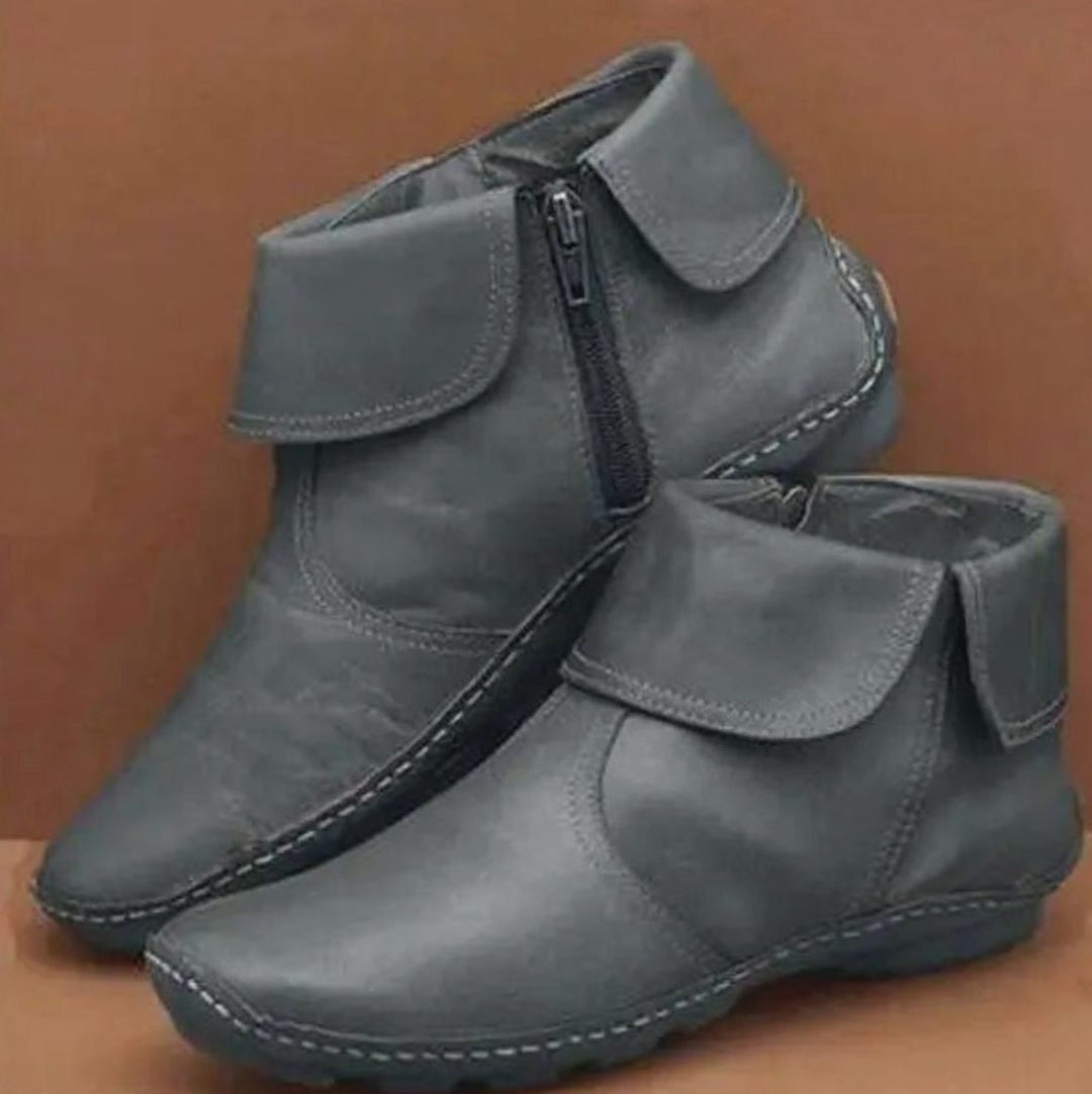Women's Orthopedic Leather Ankle Boots Comfort Flat - Dark Grey (with Zipper)