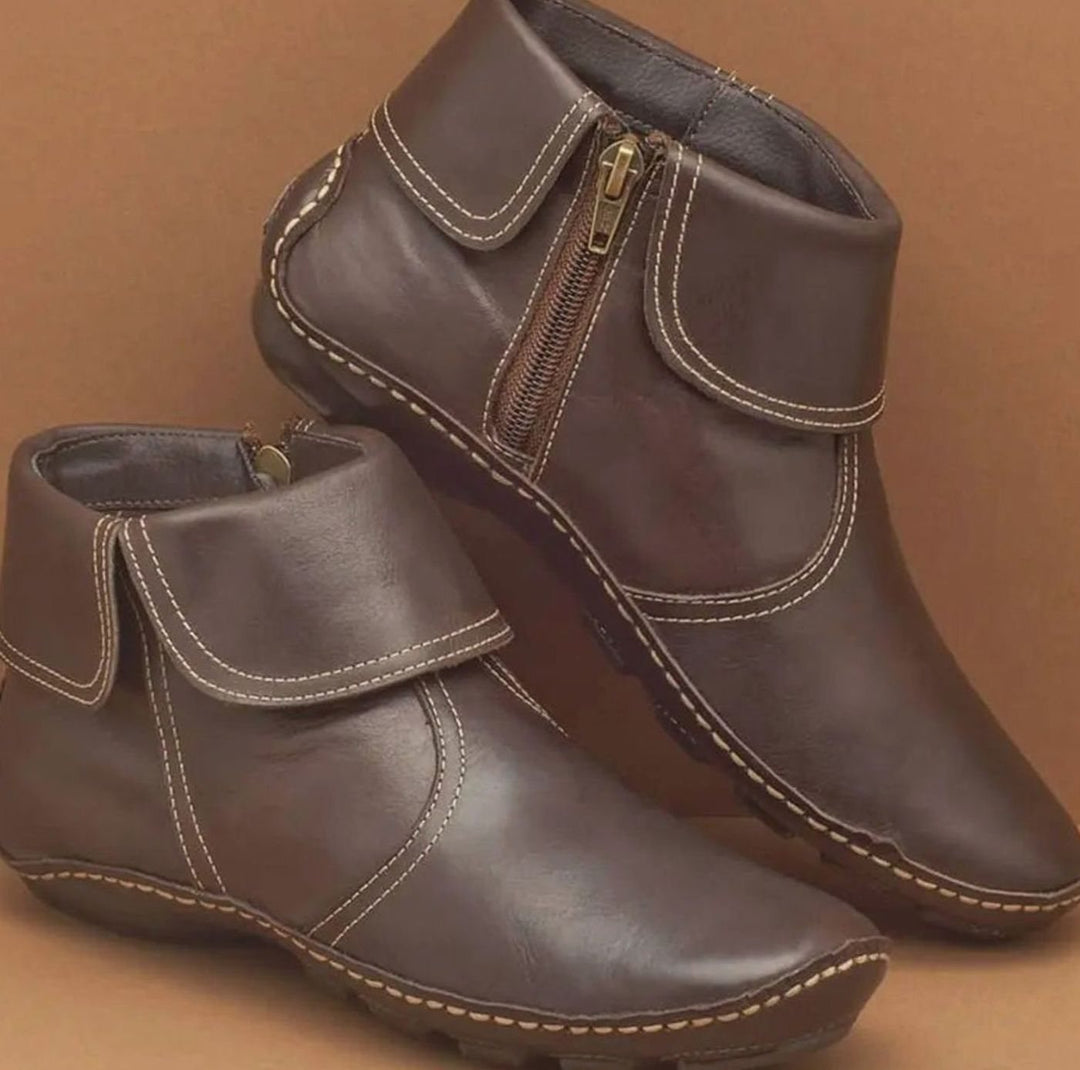 Women's Orthopedic Leather Ankle Boots Comfort Flat - Dark Brown (with Zipper)