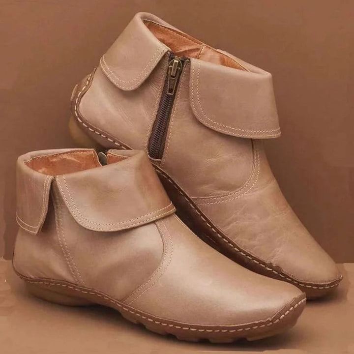 Women's Orthopedic Leather Ankle Boots Comfort Flat - Beige (with Zipper)
