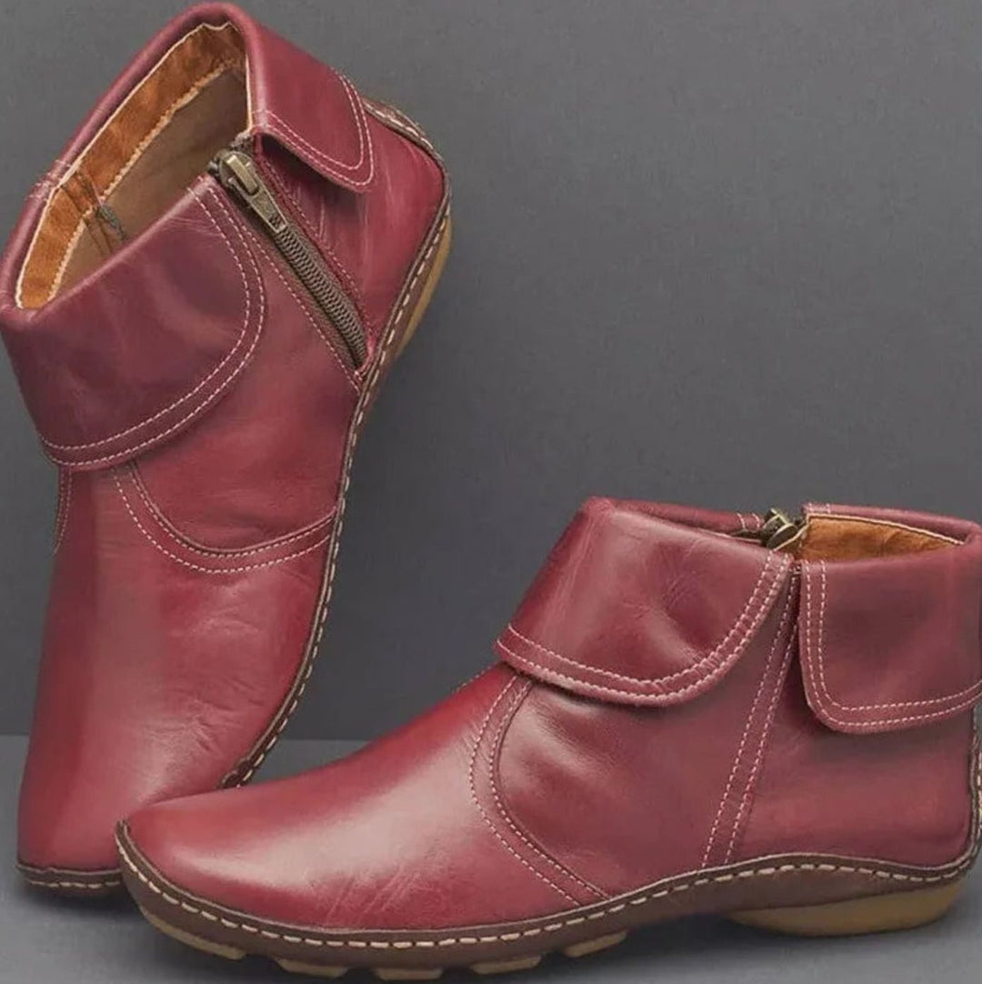 Women's Orthopedic Leather Ankle Boots Comfort Flat - Red (with Zipper)