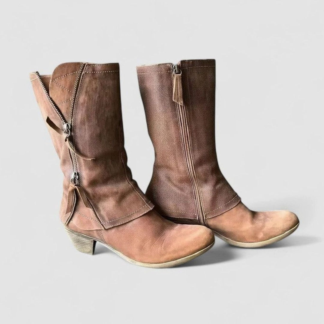 Women's Orthopedic Mid-Calf Block-Heel Side-Zip Brown Boots - Brown