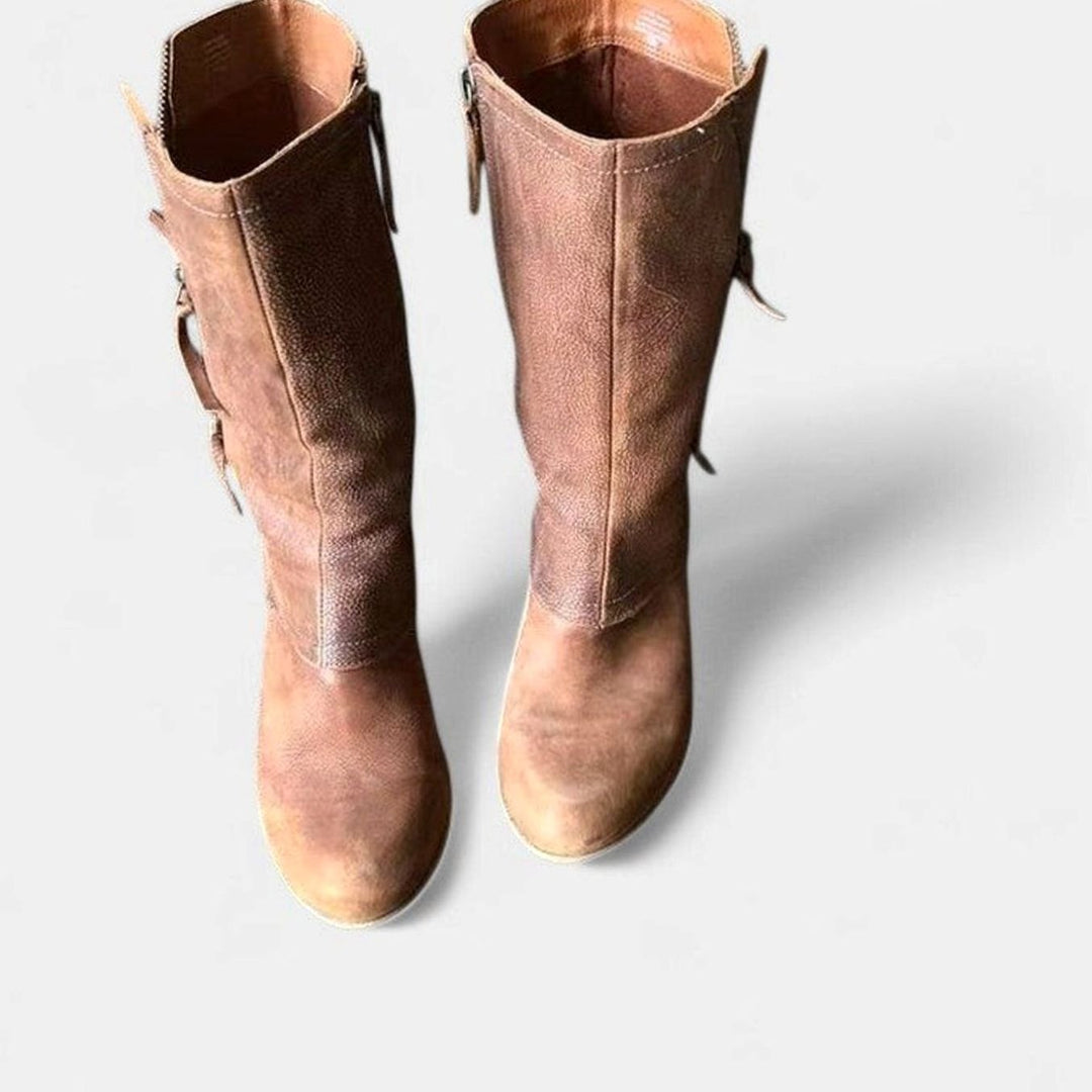 Women's Orthopedic Mid-Calf Block-Heel Side-Zip Brown Boots