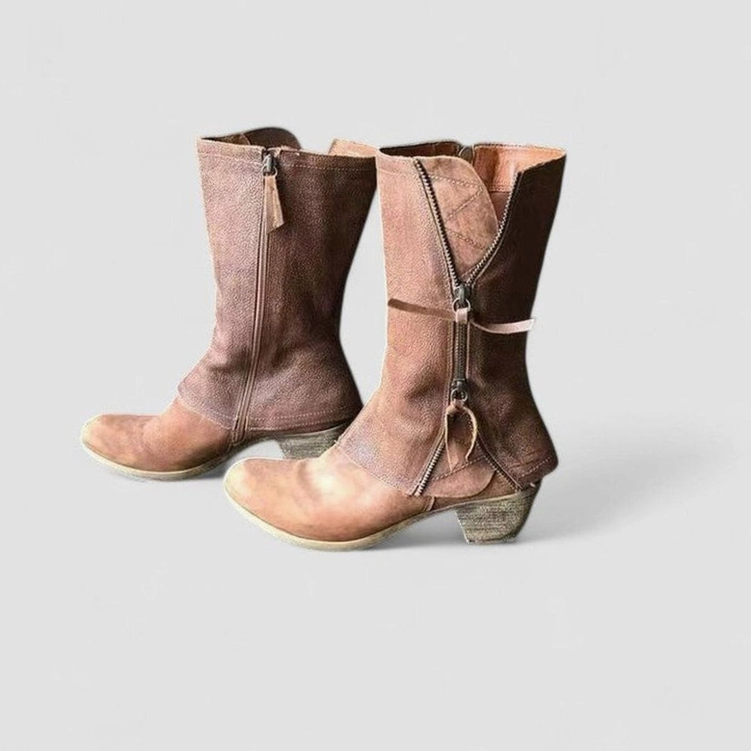 Women's Orthopedic Mid-Calf Block-Heel Side-Zip Brown Boots