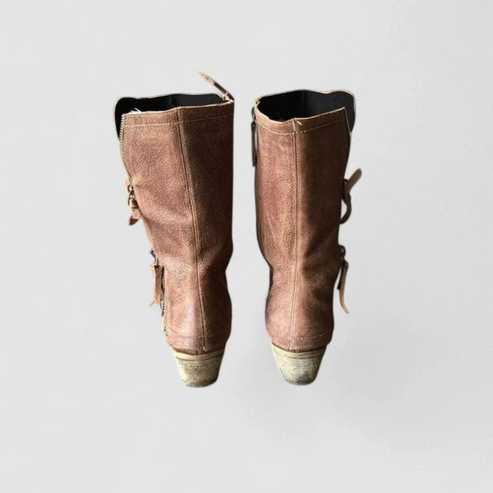 Women's Orthopedic Mid-Calf Block-Heel Side-Zip Brown Boots
