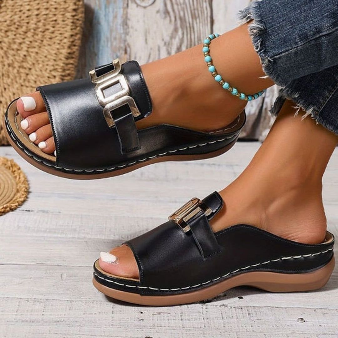Women's Orthopedic Open-Toe Wedge Slide Sandals Gold Buckle