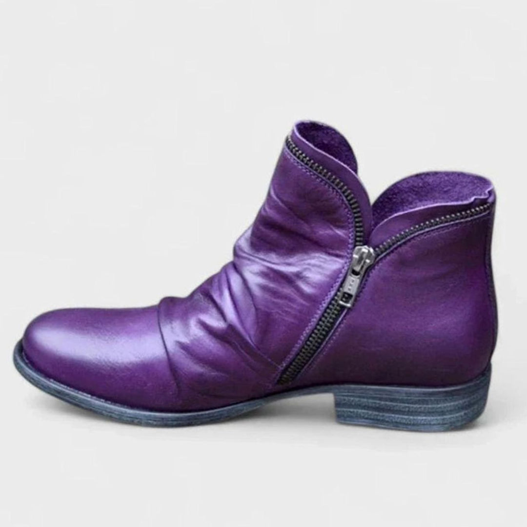 Women's Orthopedic Ruched Leather Ankle Boots Block Heel Side Zip - Purple
