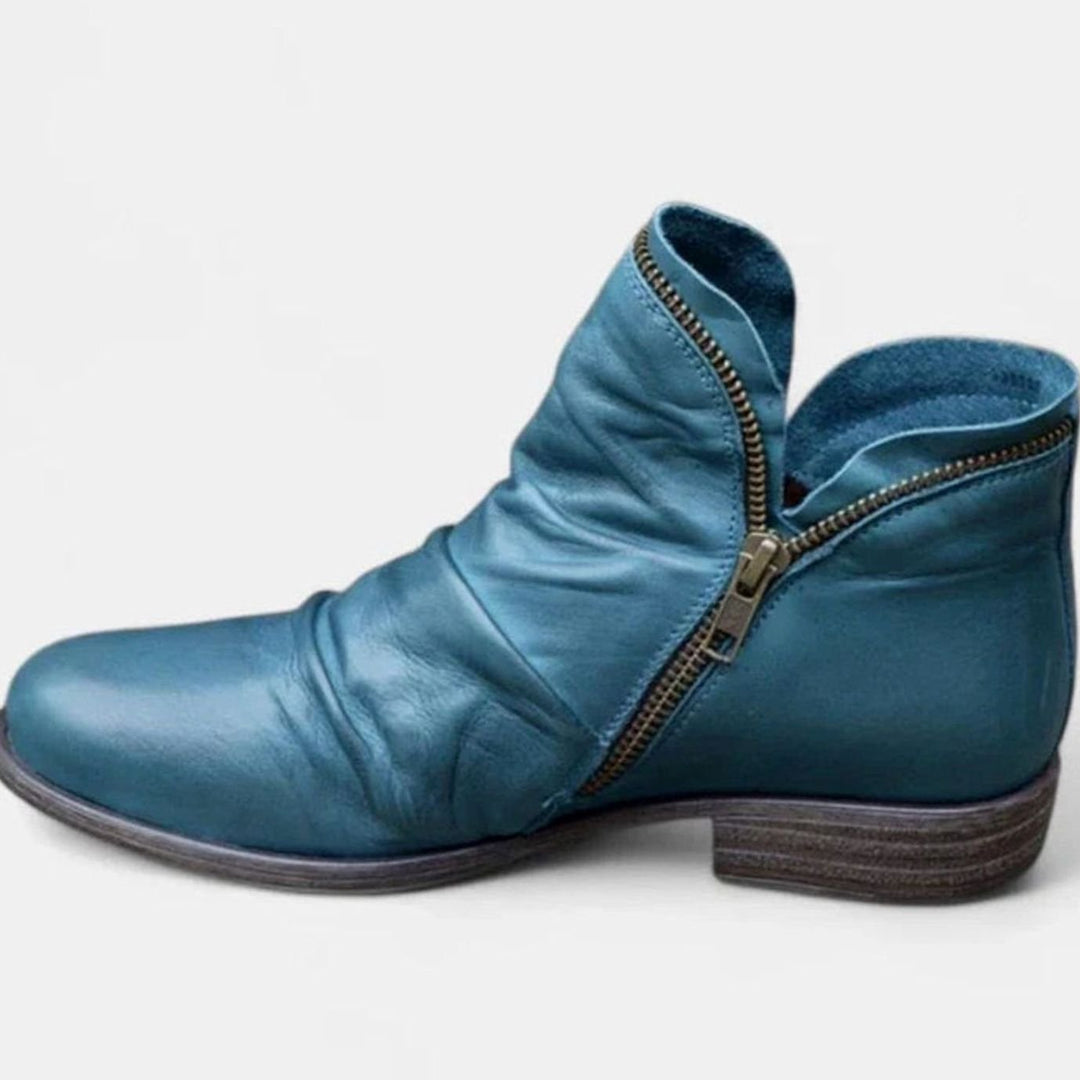 Women's Orthopedic Ruched Leather Ankle Boots Block Heel Side Zip - Blue
