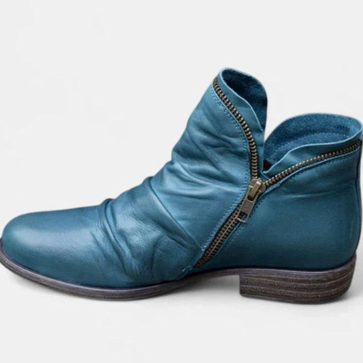 Women's Orthopedic Ruched Leather Ankle Boots Block Heel Side Zip - Blue