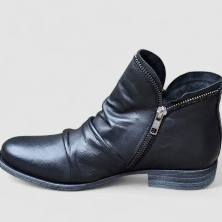 Women's Orthopedic Ruched Leather Ankle Boots Block Heel Side Zip - Black