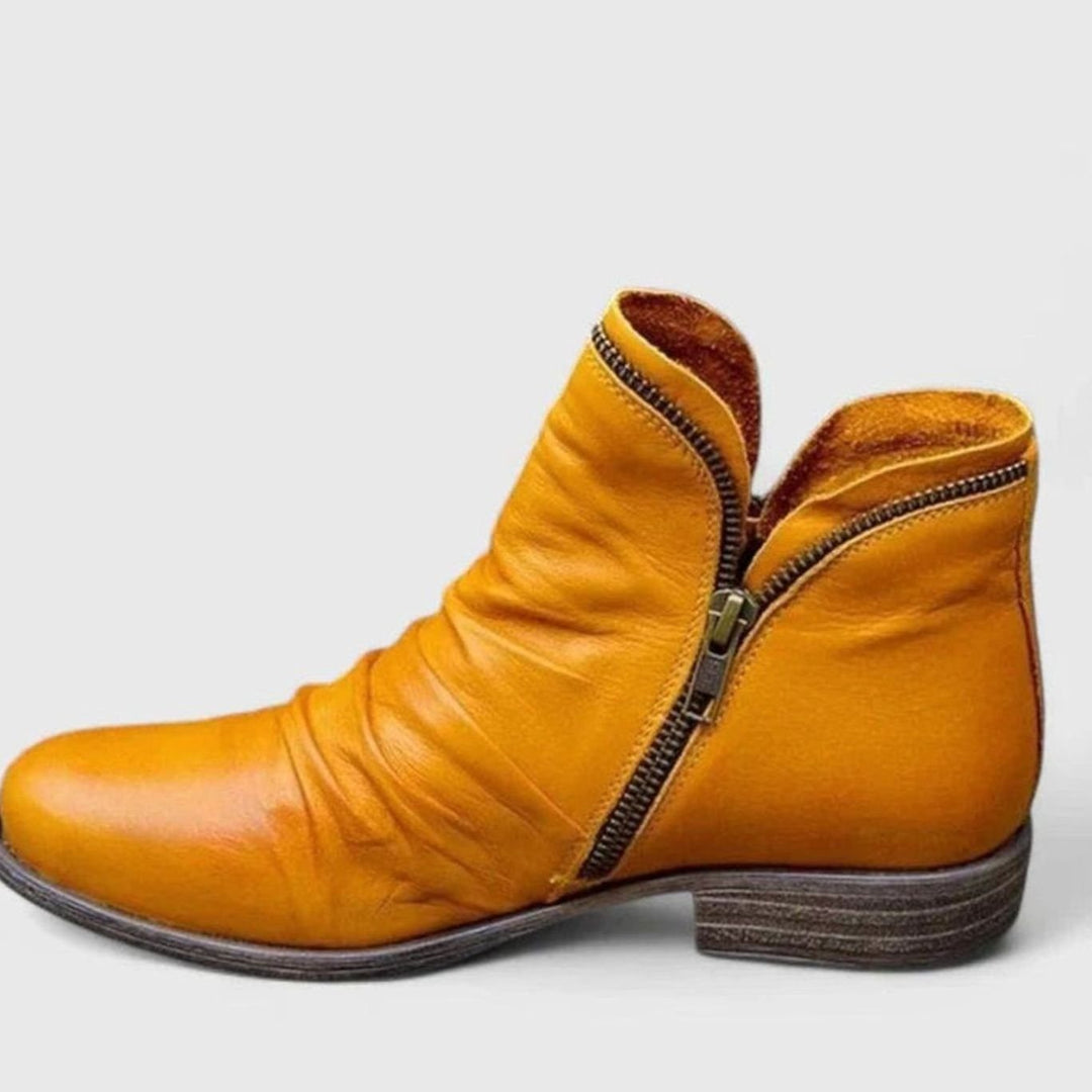 Women's Orthopedic Ruched Leather Ankle Boots Block Heel Side Zip - Yellow