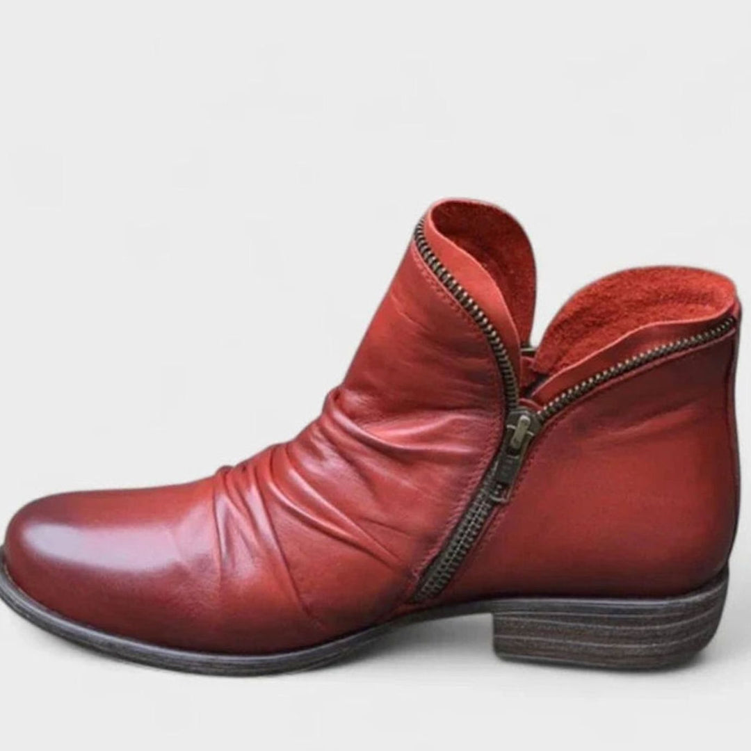 Women's Orthopedic Ruched Leather Ankle Boots Block Heel Side Zip - Red
