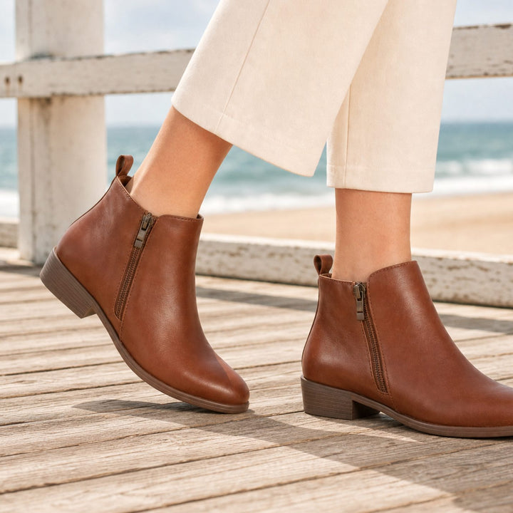 Women's Orthopedic Side-Zip Ankle Boots Low Stacked Heel - Brown