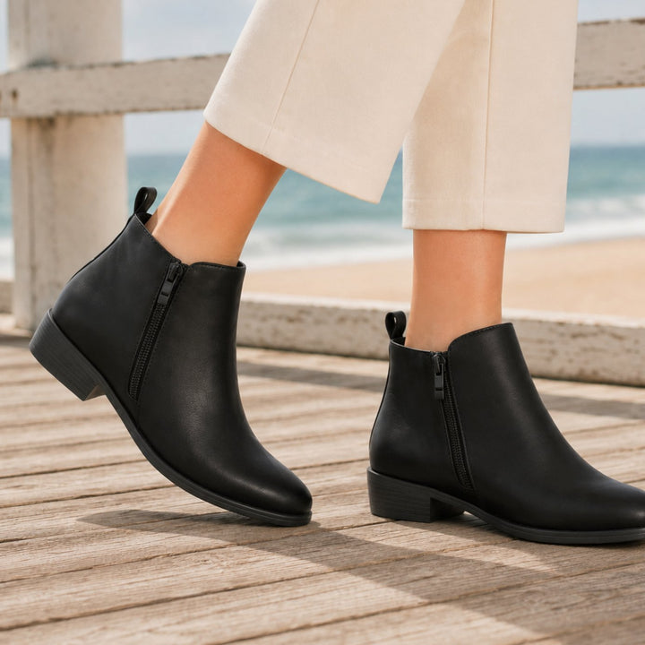 Women's Orthopedic Side-Zip Ankle Boots Low Stacked Heel - Black