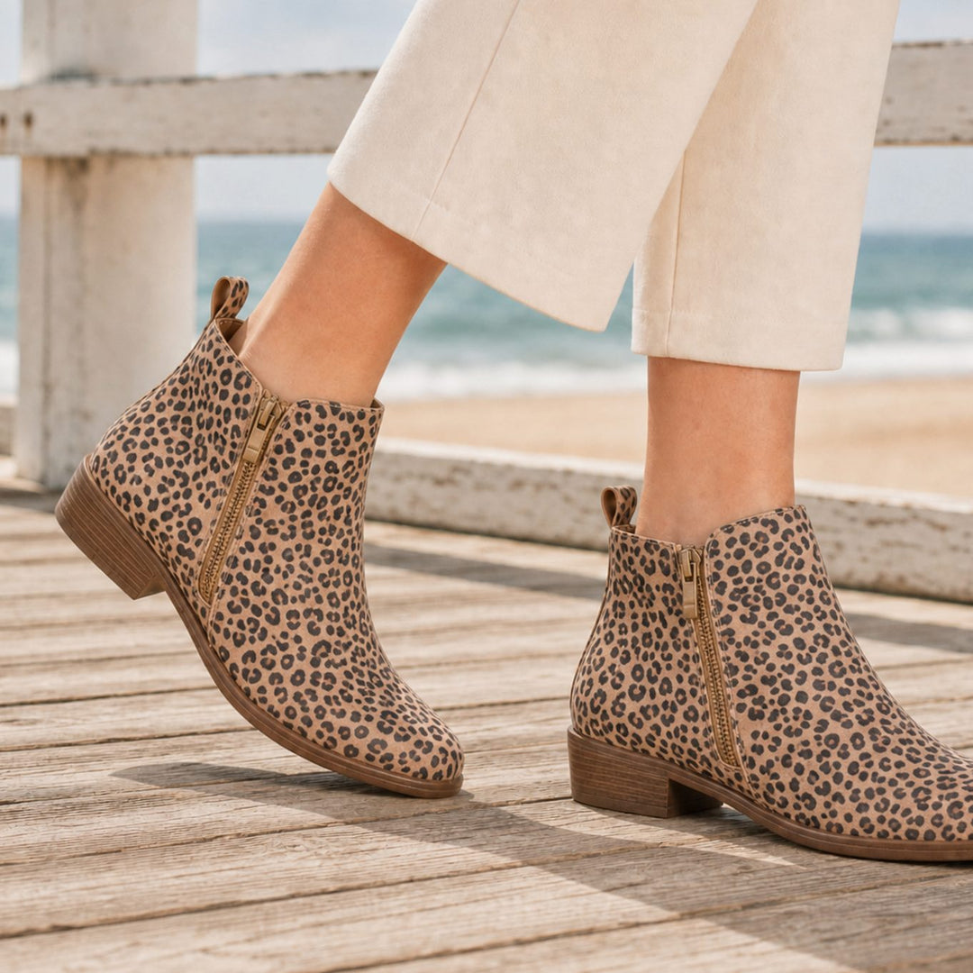 Women's Orthopedic Side-Zip Ankle Boots Low Stacked Heel - Leopard