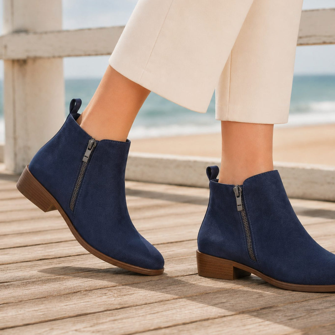 Women's Orthopedic Side-Zip Ankle Boots Low Stacked Heel - Blue