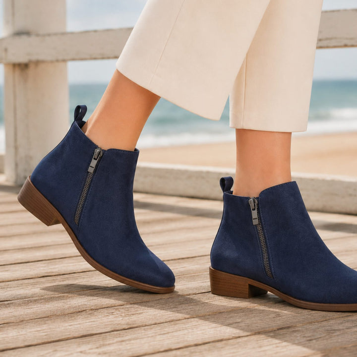 Women's Orthopedic Side-Zip Ankle Boots Low Stacked Heel - Blue