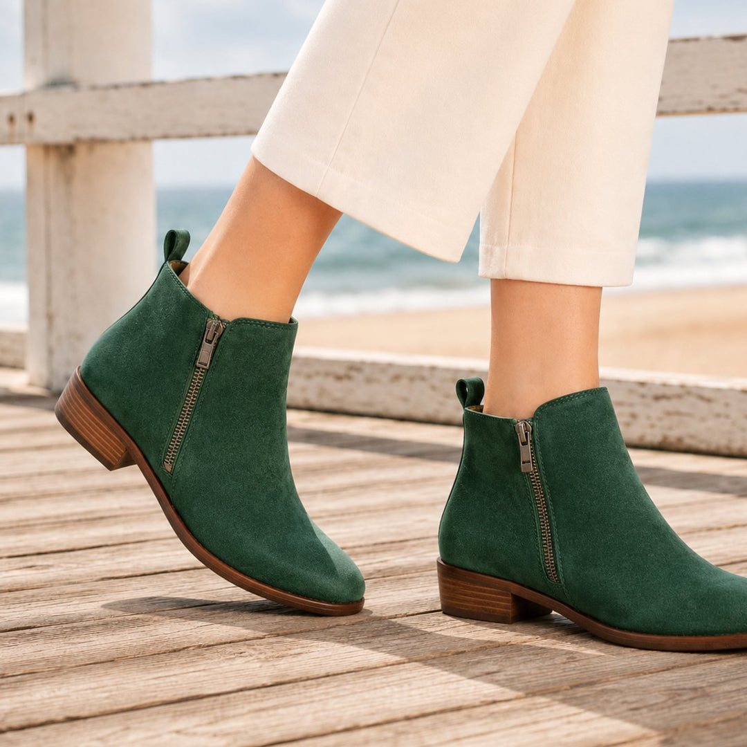 Women's Orthopedic Side-Zip Ankle Boots Low Stacked Heel - Green