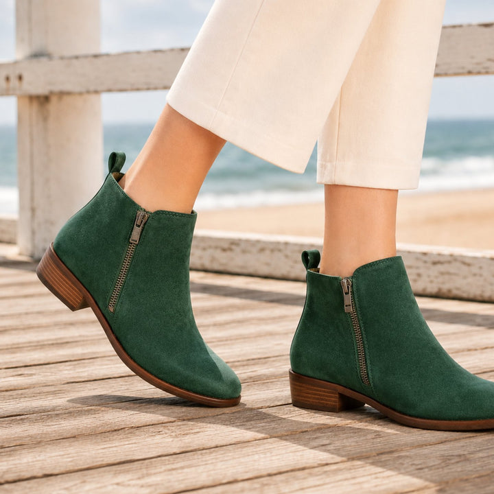 Women's Orthopedic Side-Zip Ankle Boots Low Stacked Heel - Green