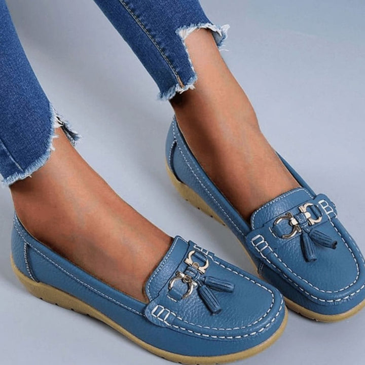 Women's Orthopedic Tassel Slip-On Leather Loafers - Light Blue