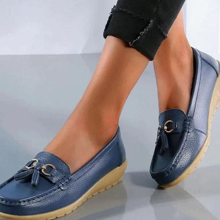 Women's Orthopedic Tassel Slip-On Leather Loafers - Dark Blue