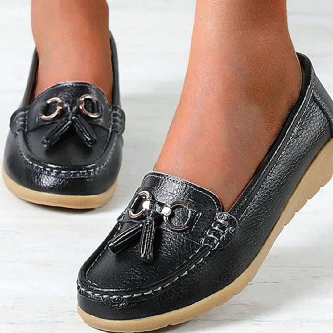 Women's Orthopedic Tassel Slip-On Leather Loafers - Black