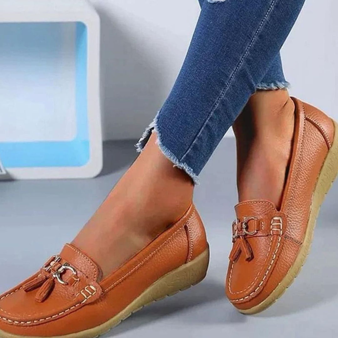 Women's Orthopedic Tassel Slip-On Leather Loafers - Orange
