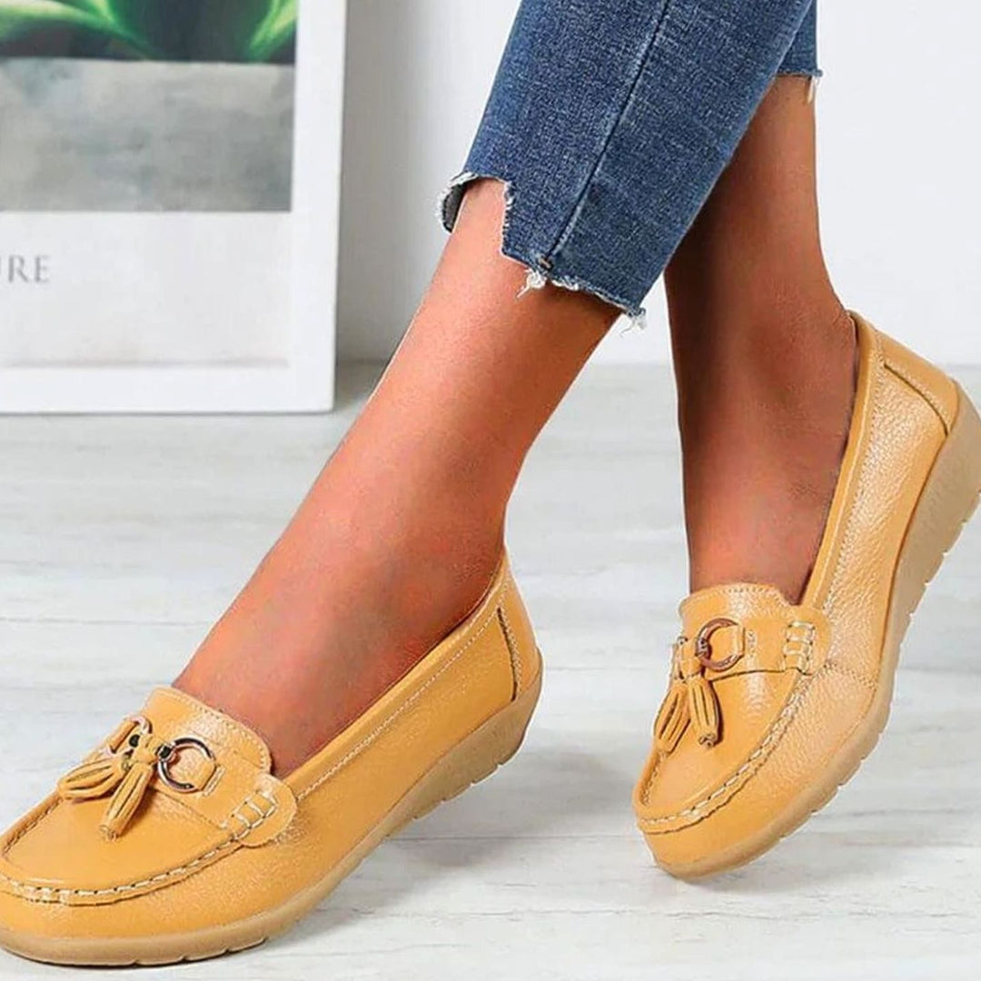 Women's Orthopedic Tassel Slip-On Leather Loafers - Yellow