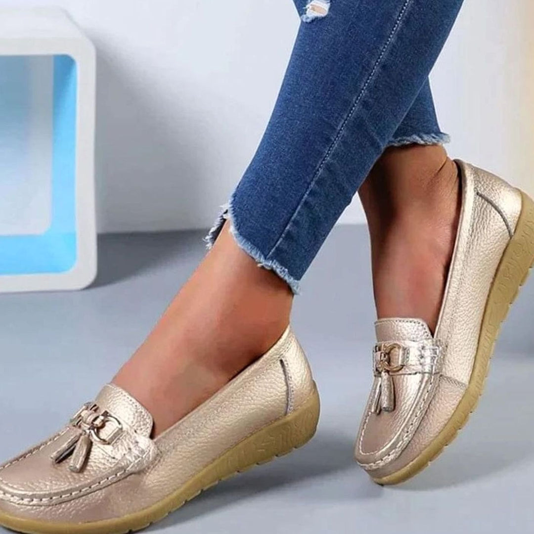 Women's Orthopedic Tassel Slip-On Leather Loafers - Gold