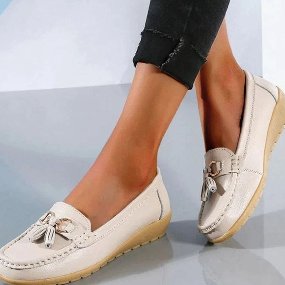 Women's Orthopedic Tassel Slip-On Leather Loafers - Khaki