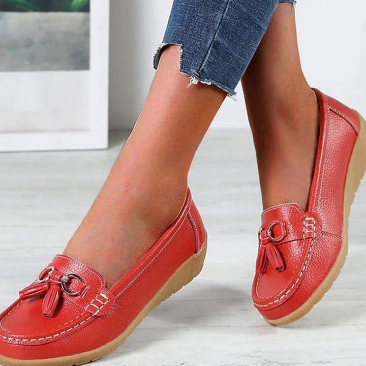 Women's Orthopedic Tassel Slip-On Leather Loafers - Red