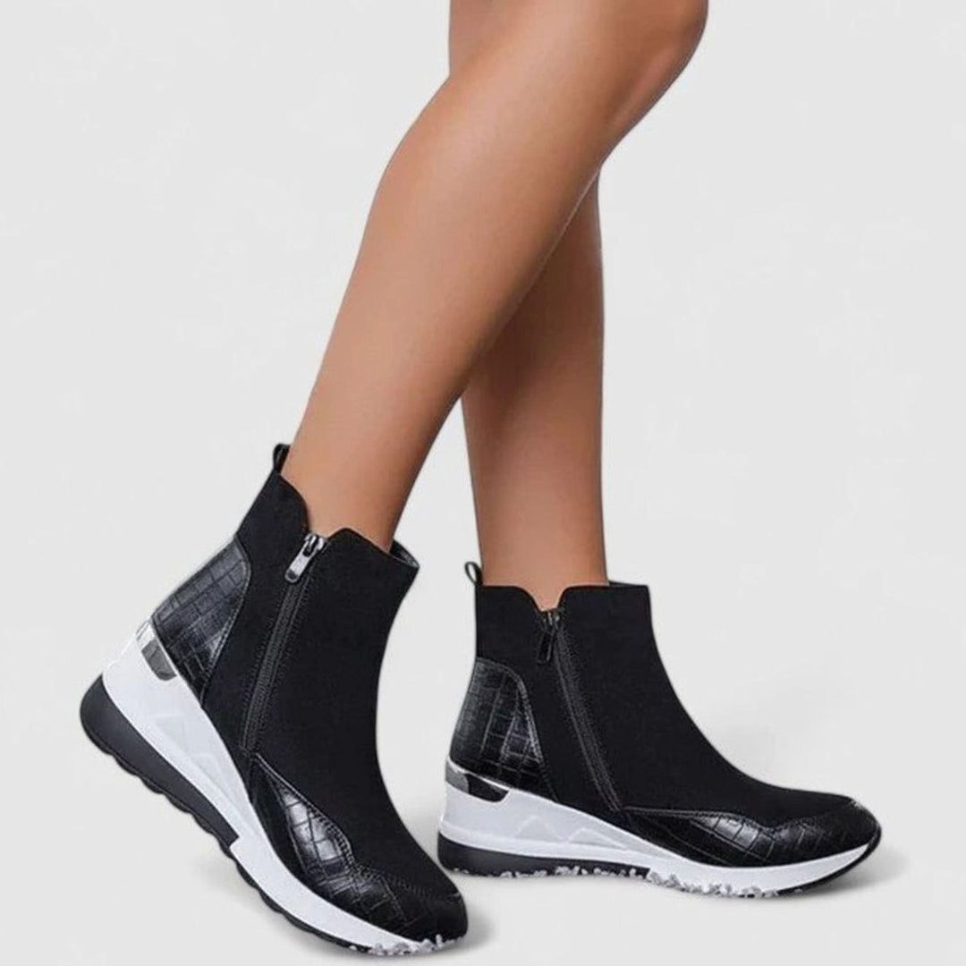 Women's Orthopedic Wedge Ankle Boots Side-Zip Croc-Panel - Black