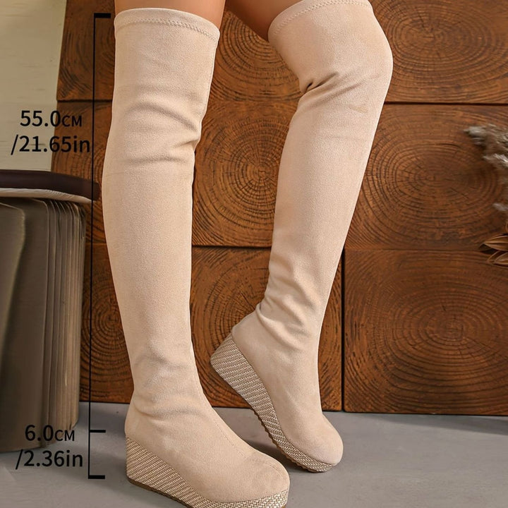 Women's Over-the-Knee Stretch Suede Wedge Pull-On Boots - Beige