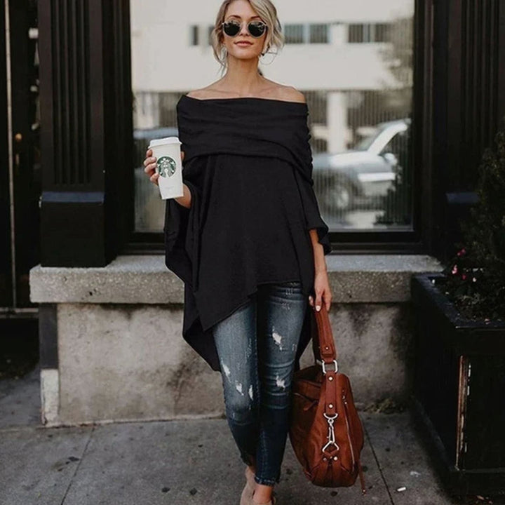 Women's Oversized Asymmetric Hem Batwing Sleeve Poncho Top - Black