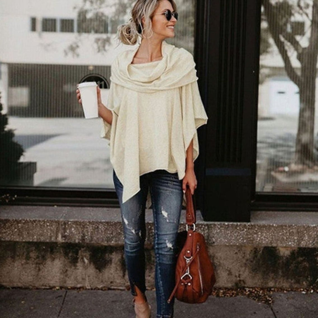 Women's Oversized Asymmetric Hem Batwing Sleeve Poncho Top - Beige