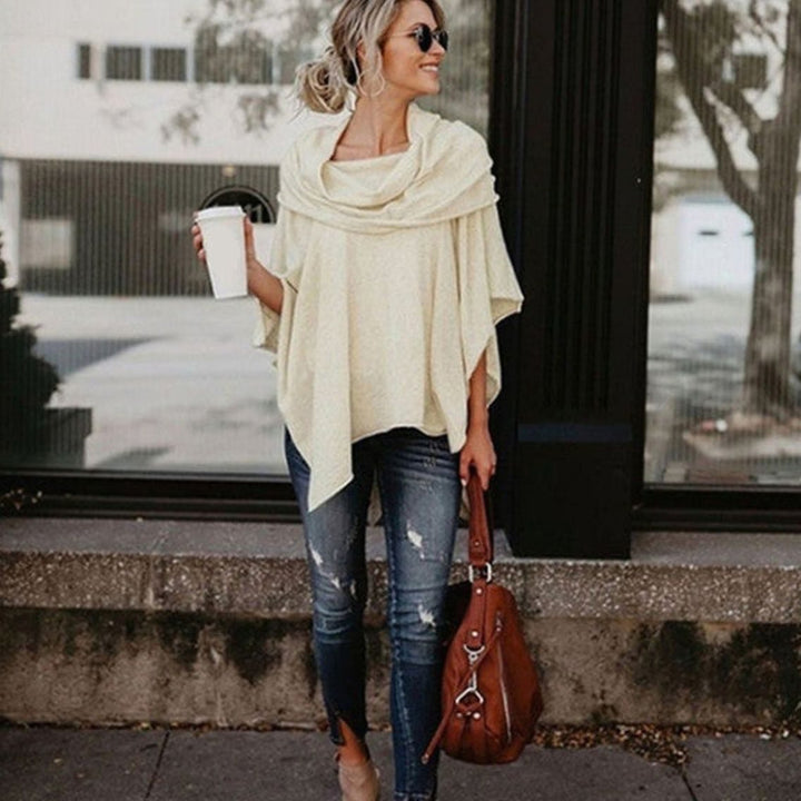 Women's Oversized Asymmetric Hem Batwing Sleeve Poncho Top - Beige