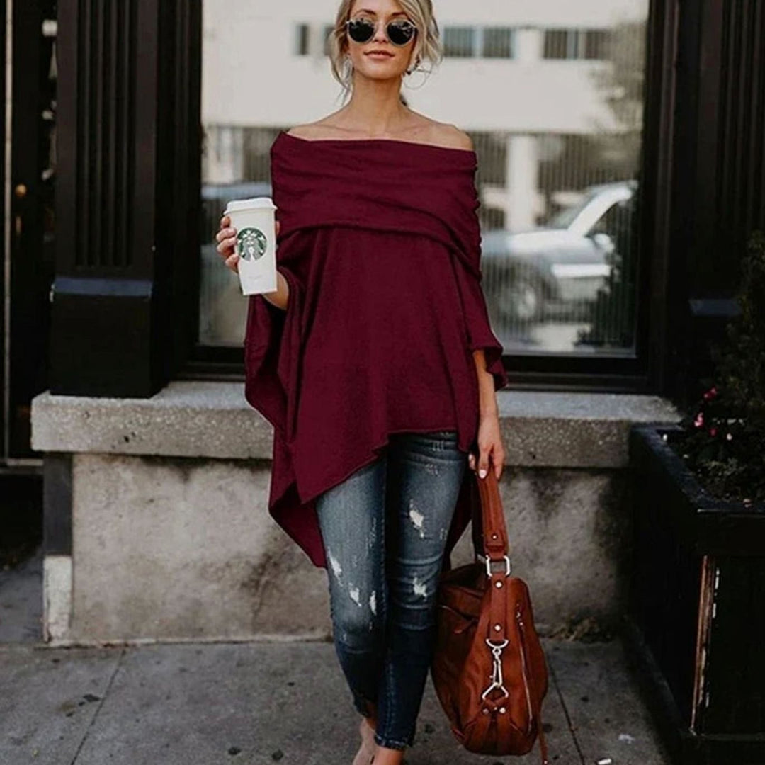Women's Oversized Asymmetric Hem Batwing Sleeve Poncho Top - Burgundy