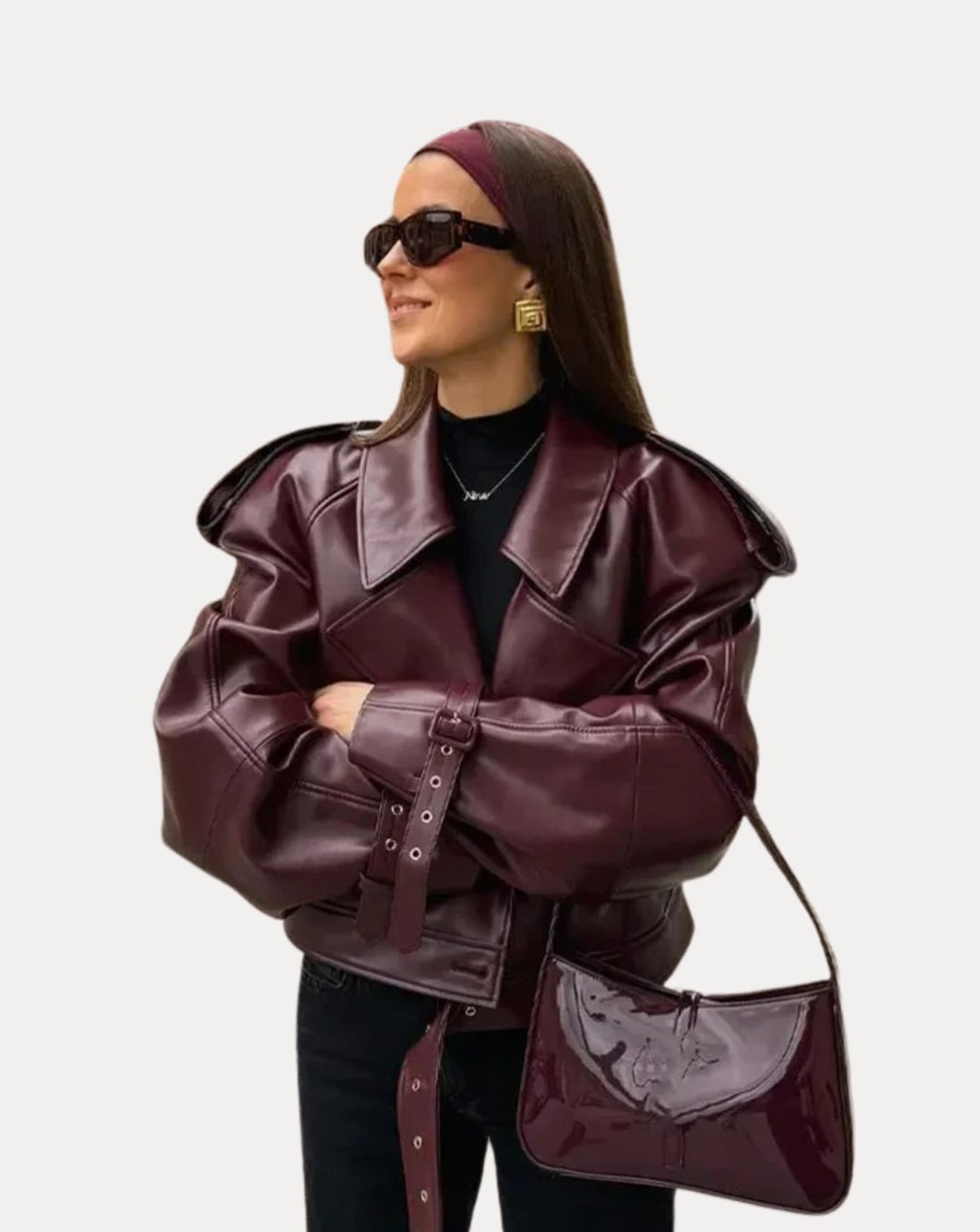 Women's Oversized Belted Faux Leather Moto Jacket